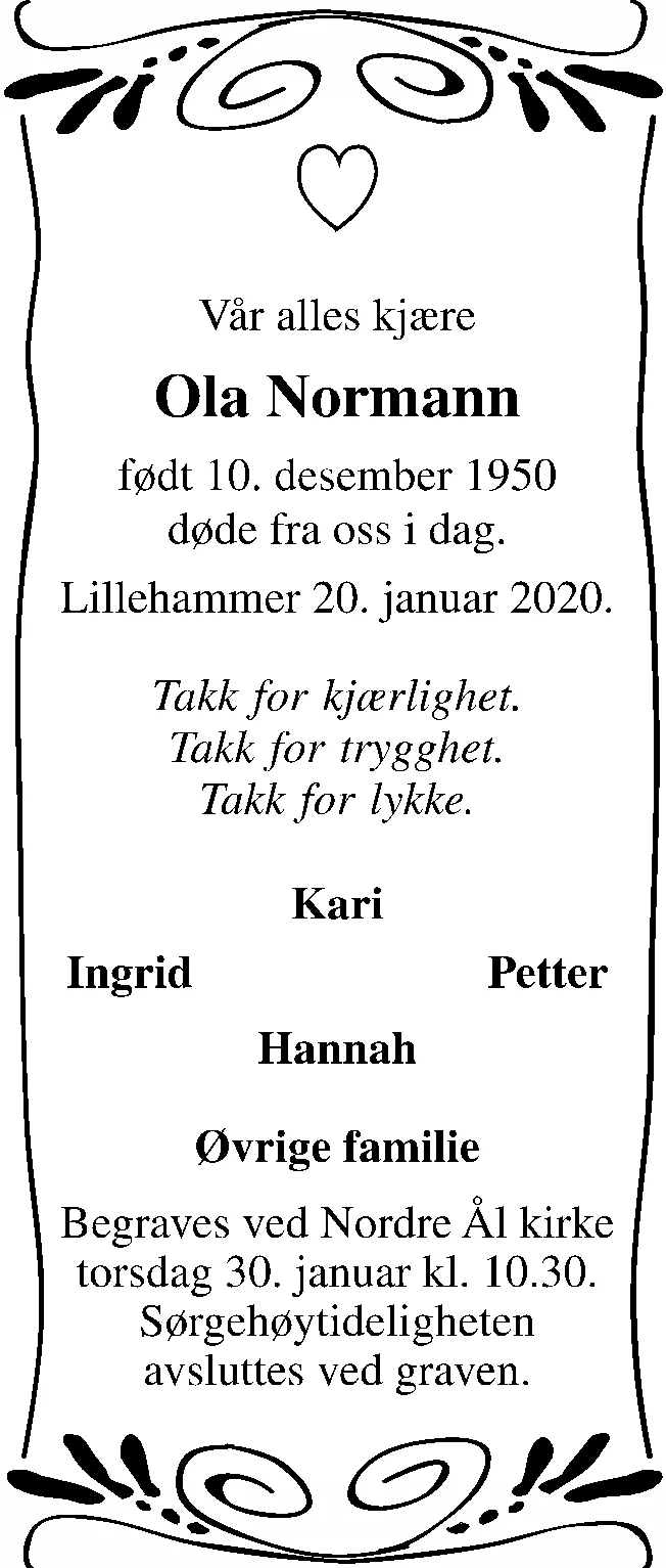 Eksempel 2 på dødsannonse med symbol, navn, datoer og hilsen fra familien