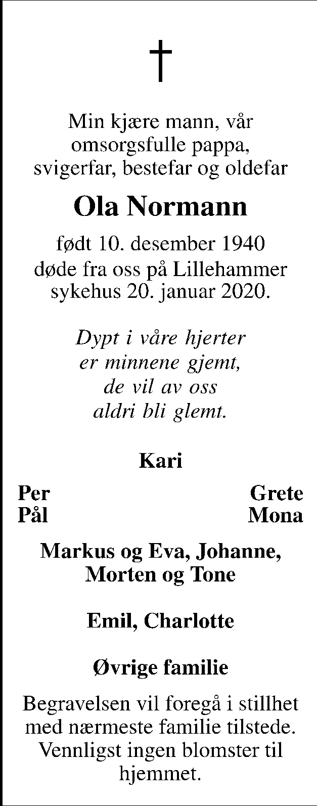 Eksempel 3 på dødsannonse med symbol, navn, datoer og hilsen fra familien