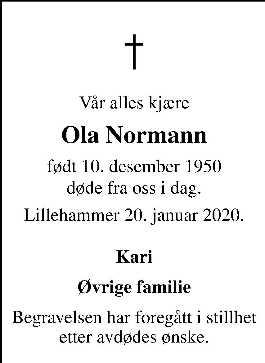 Eksempel 4 på dødsannonse med symbol, navn, datoer og hilsen fra familien