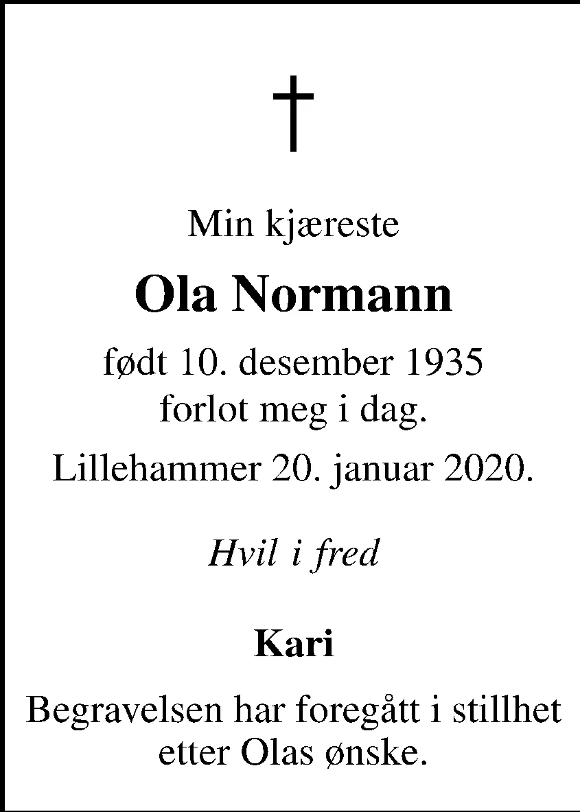 Eksempel 5 på dødsannonse med symbol, navn, datoer og hilsen fra familien