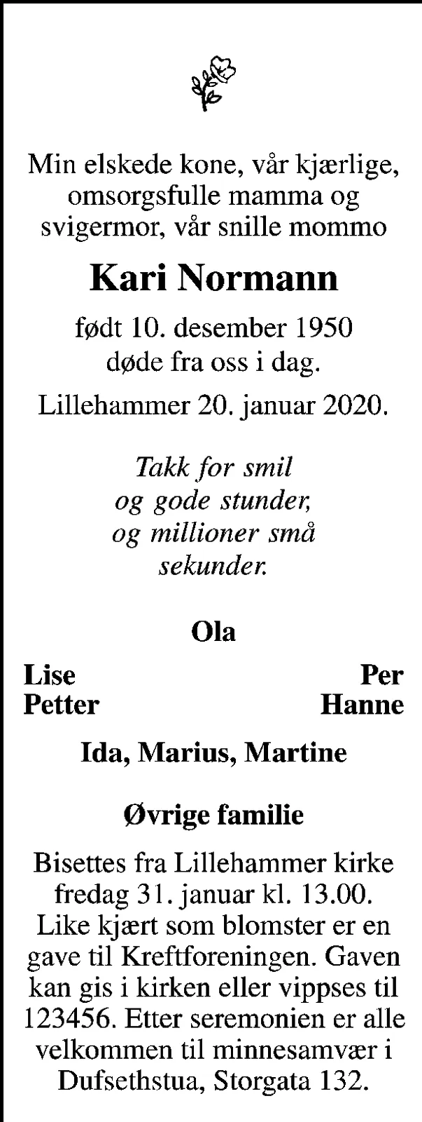 Eksempel 1 på dødsannonse med symbol, navn, datoer og hilsen fra familien